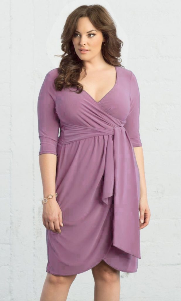 Purple V Neck Plus Size Ruched Sleeve Dress